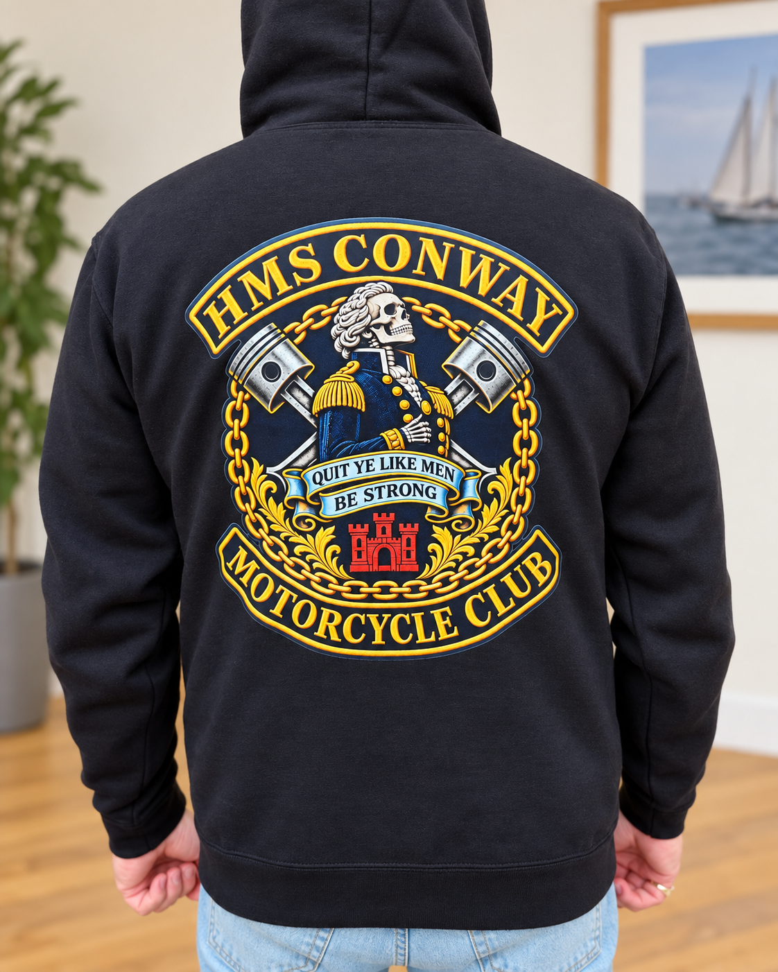 HMS Conway Motorcycle Club hoodie showing the Club artwork on the back