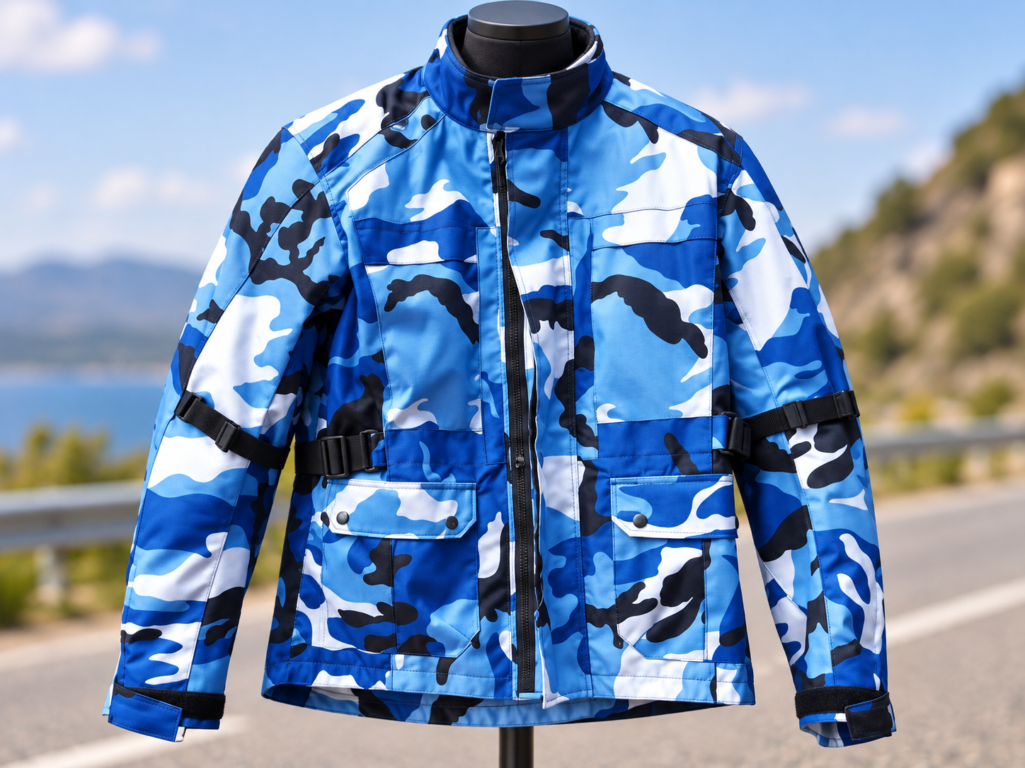 Blue, white, grey and black camouflage motorcycle jacket