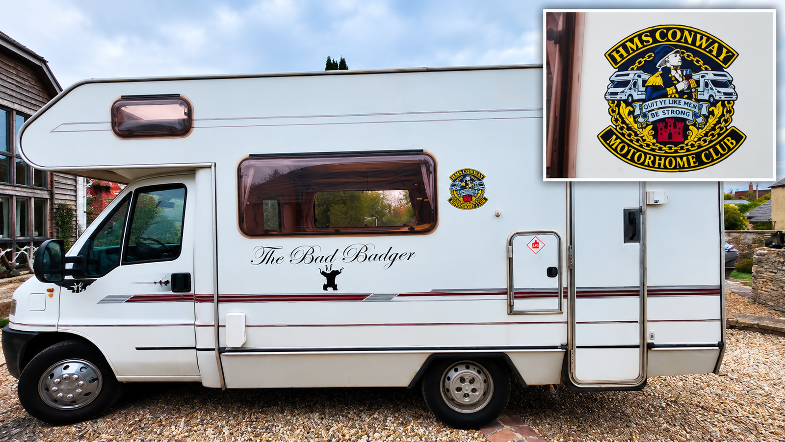 The Bad Badger motorhome displaying the HMS Conway Motorhome Club badge as a vehicle sticker